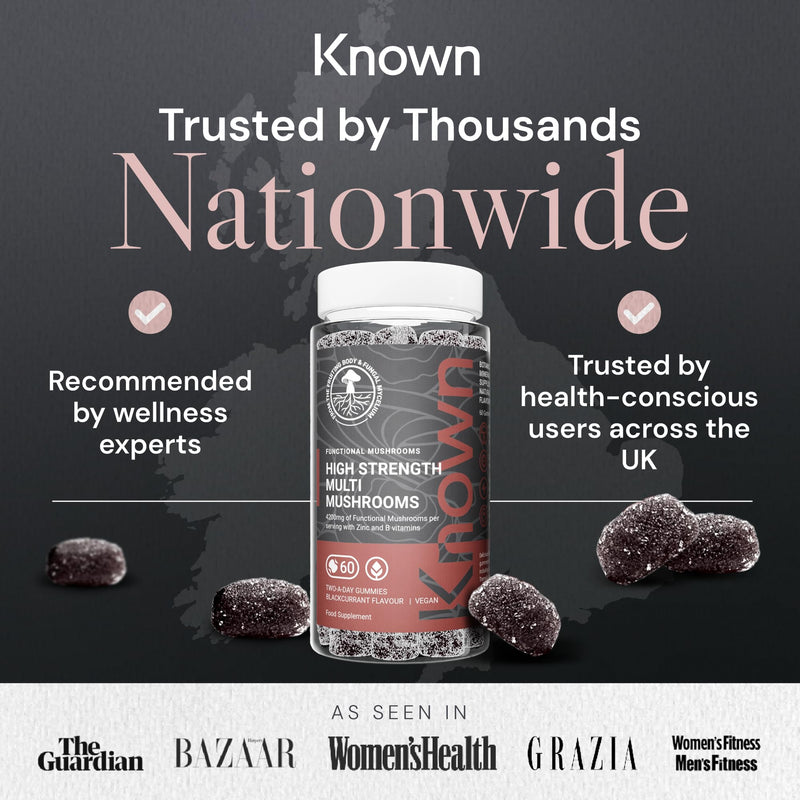 Known 4,200mg High Strength Multi Mushroom Gummies – Blackcurrant Flavour – Lions Mane, Reishi, Cordyceps, Chaga, Maitake, Tremella – Brain, Focus, Immune – 1 Month Supply – Vegan Supplement High Strength 4200mg Bottle