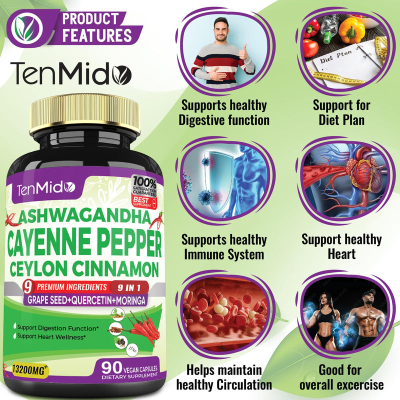 [Australia] - Cayenne Pepper Supplements Capsules 13200mg, 3 Months Supply & Ashwagandha, Ceylon Cinnamon, Grape Seed, Quercetin, Moringa, Ginkgo Biloba - Supports Cardiovascular, Promotes Digestive Health -90 Caps 