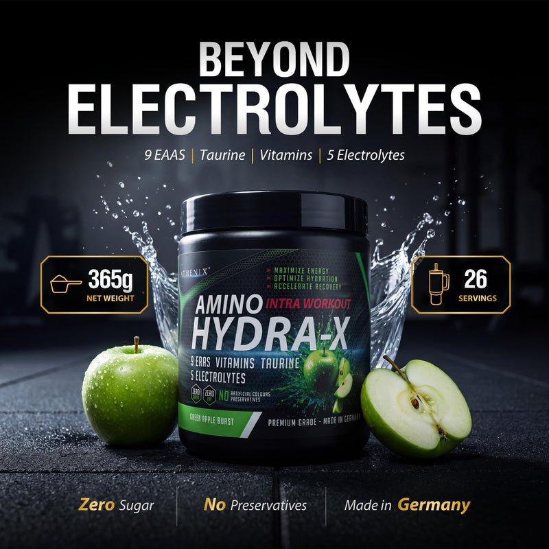 Athenix® Amino Hydra-X Intra-Workout | Green Apple | 9 EAAs + 5 Electrolytes + Vitamins & Taurine | Vegan BCAA + Hydration Powder | 26 Servings | Zero Sugar & Fat | 365g (365g, Green Apple Burst)