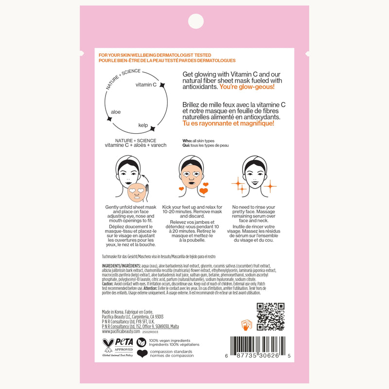 Pacifica Glow Baby Brightening Vitamin C Face Mask 4-Pack – Hydrating Serum-Soaked Sheet Mask for Glowing Skin, Fights Dullness & Dark Spots, Infused with Aloe & Kelp, 100% Vegan & Cruelty-Free 1 Count (Pack of 4)