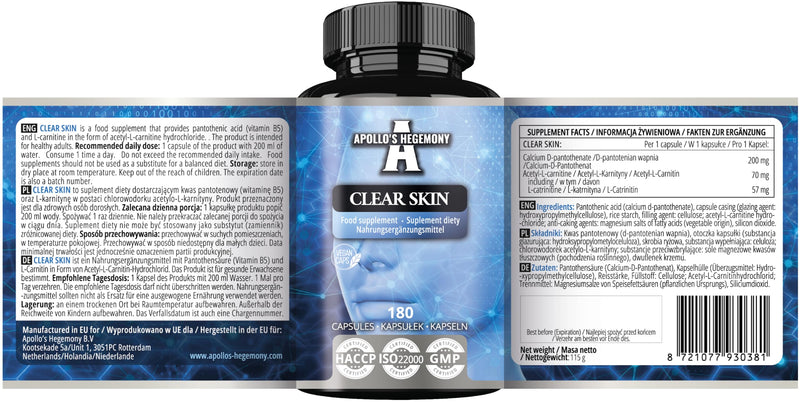 Clear Skin - Vitamin B5 200mg (Pantothenic Acid) and Acetyl-L-Carnitine 70mg, 180 Vegan Capsules, 6 Months Supply, Anti-Acne, Enhanced Skin Health, Diet Supplement - by Apollo's Hegemony