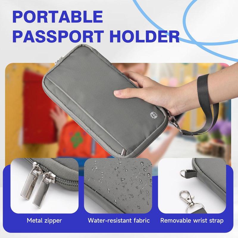WALNEW Passport Holder Travel Family for 10, RFID Blocking Passport Wallet | Travel Documents Organizer with Zipper, for Cards, Cash, Boarding Passes, Tickets, International Travel Essentials Gray 10 passport slots