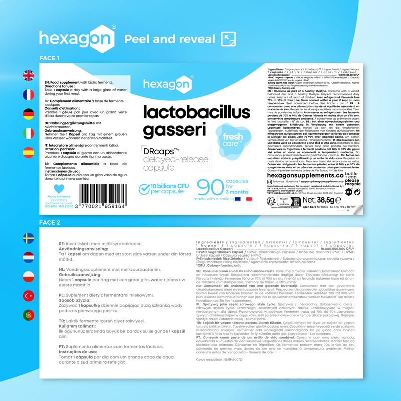 [Australia] - Lactobacillus Gasseri 10 Billion CFU/Capsule - Complete 3+ Month Cure - L-Gasseri - Freshcare™ - 90 DRcaps™ Stomach Acid-Resistant Capsules - Vegan - Hexagon 