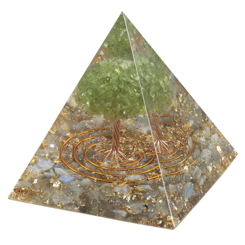 Peridot Crystal Stones Tree of Life Orgone Pyramid Positive Energy Protection Generator for Healing Chakra Resin Vastu Home Decor, Labradorite Gray