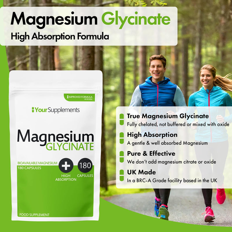 Magnesium Glycinate by Your Supplements | UK Made | True Unblended Bisglycinate | 180 High Absorption Capsules | Suitable for Vegetarians & Vegans 180 count (Pack of 1)
