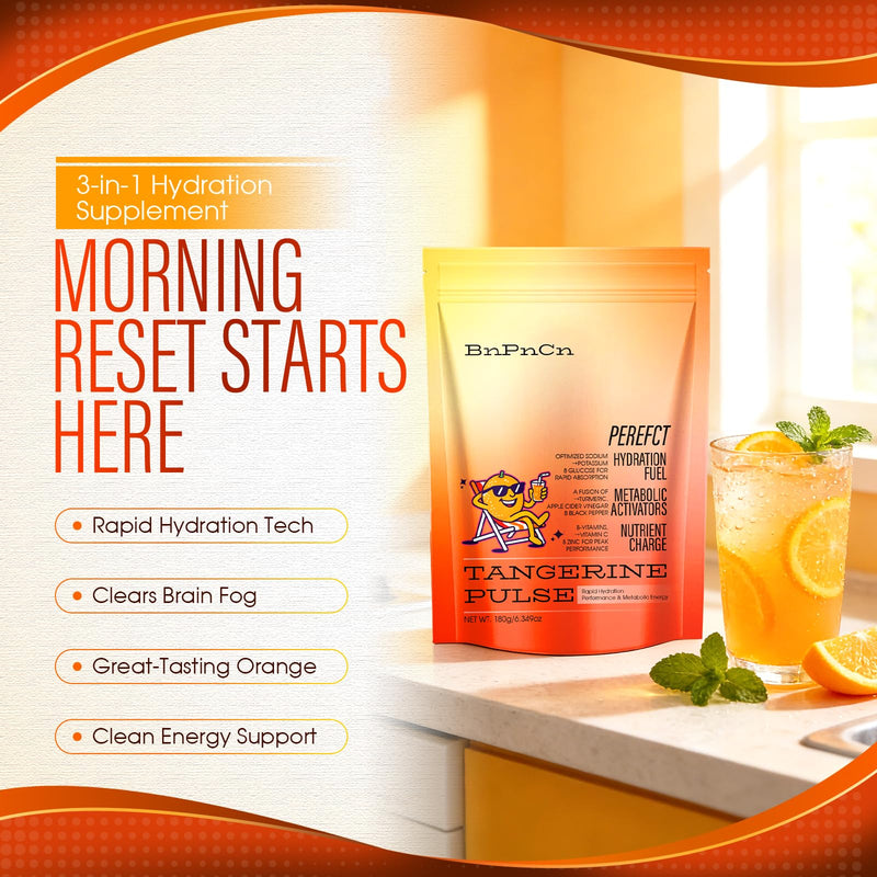Perfect Morning Tangerine Pulse Electrolyte Powder, 3-in-1 Hydration Supplement with Anhydrous Glucose, ACV, B Vitamins, Turmeric & Taurine, Supports Metabolism & Hydration, Fresh Orange Flavor (1pcs) 1pcs