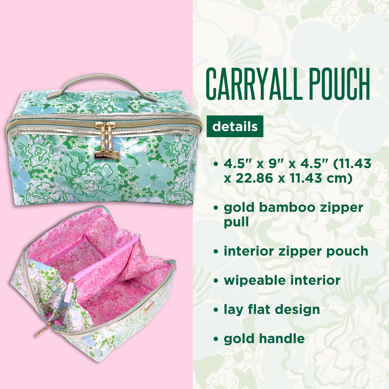Lilly Pulitzer Carryall Cosmetic Case, Mint Condition Burst of Joy | Vinyl Zipper Toiletry Case with Top Handle, Wide Opening, and Interior Organization Pockets