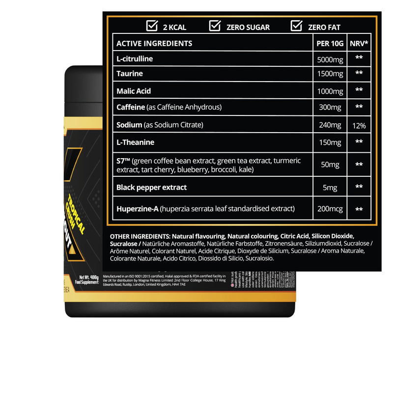 Premium, Complete High Caffeine Pre Workout Powder Drink with L-Citrulline & S7® | Tropical Crush Flavour | Makes 40 Drinks (400g) | Magna X 40 Servings (Pack of 1)