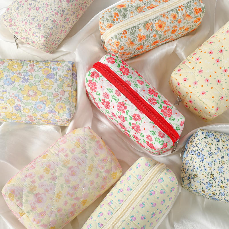 Paterr 12 Pcs Quilted Makeup Bags Bulk, Cotton Floral Cosmetic Bags, Aesthetic Makeup Pouch, Travel Toiletry Bag, Quilted Pencil Pouch, Floral Emergency Bag with Zipper for Women Bridesmaid Gifts