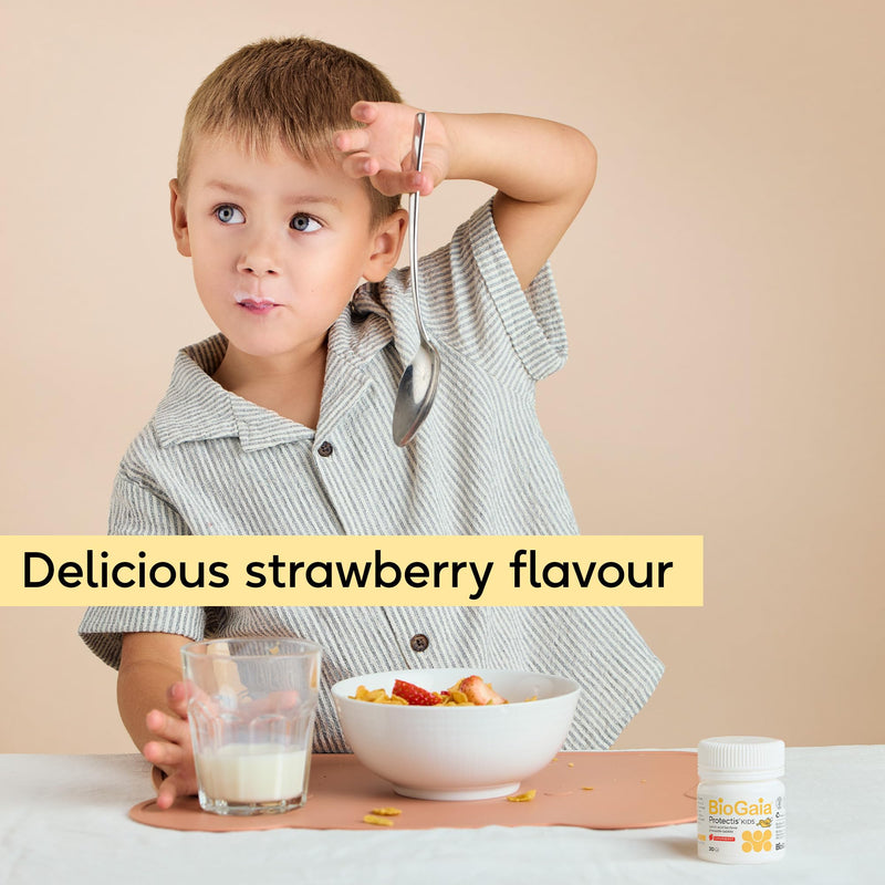 BioGaia Protectis Kids Tablets | 30 Chewable Probiotic Supplements with 100 Million Live L. Reuteri | Gut Health and Comfort | Digestive System Support for Children - Strawberry Flavour 30 count (Pack of 1)