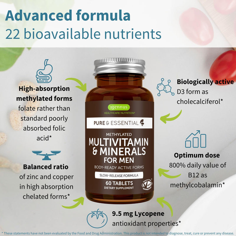 [Australia] - Igennus Methylated Men's Multivitamin with 22 Actives, All-Day Nutrient Delivery, Pure & Clean, Methylfolate & Methylcobalamin, High Strength MTHFR Supplement, Non-GMO & Halal, 60 Tablets 60 Count (Pack of 1) For Men 