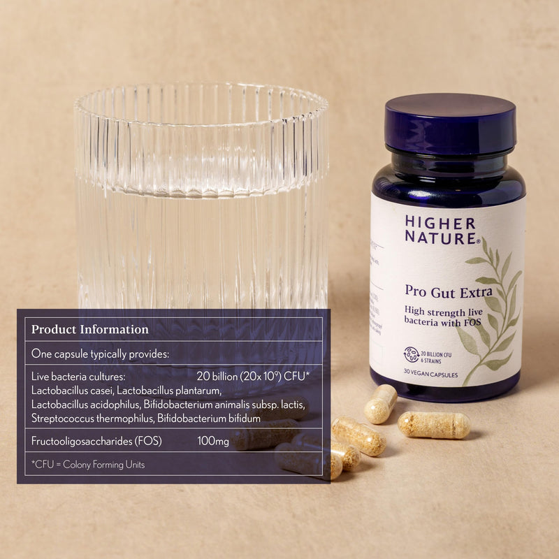 Higher Nature - Pro Gut Extra - High Strength Probiotic With Prebiotic - Multi-Strain Probiotic For Digestive System - Live Bacteria With FOS - 20 Billion CFUs - 6 Proven Strains - Vegan - 30 Capsules
