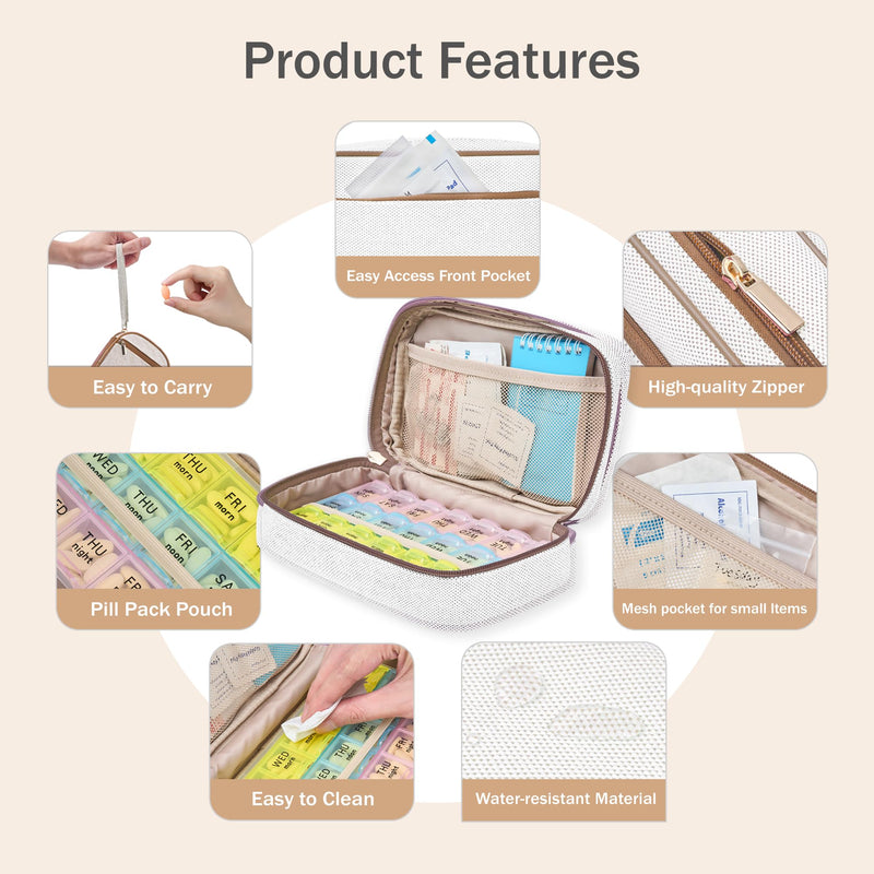 Weekly Travel Pill Organizer 3 Times a Day for Purse with Canvas Pill Case | Cute Am Pm Pill Box 7 Day ,Travel Medicine Organizer Pill Container Holder for Vitamins,Fish Oils,Medication,Medical Supplies Brown 03 Large