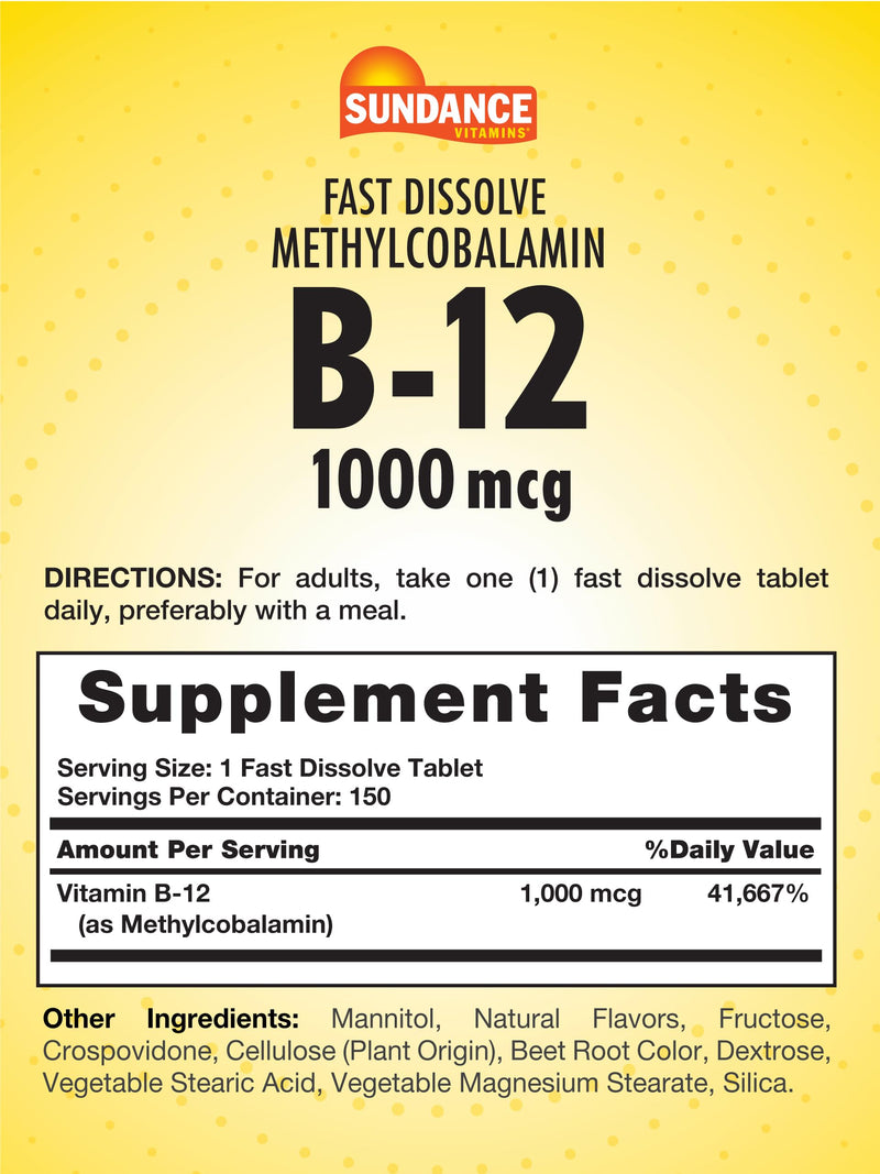 Sundance B-12 Methylcobalamin 1,000 mcg | 150 Fast Dissolve Tablets | Natural Berry Flavor | Vegetarian, Non-GMO, and Gluten Free Essential Vitamin Supplement 150 Count (Pack of 1)