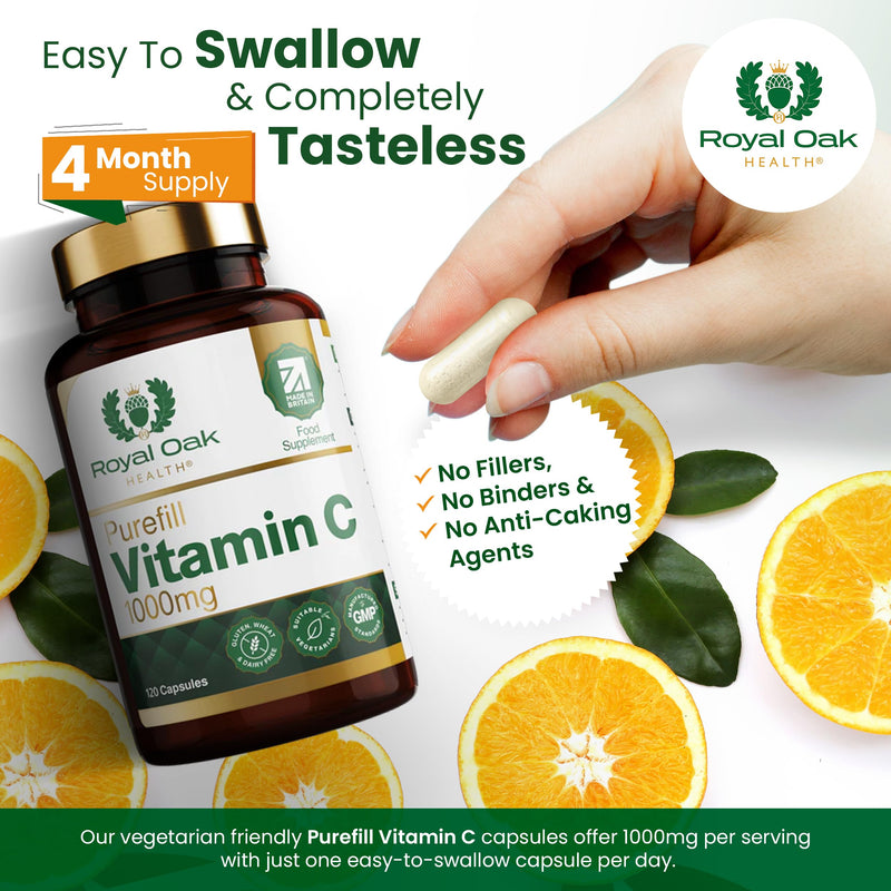 100% Purefill Vitamin C 1000mg High Strength 1 Per Day Capsules | No Fillers or Binders | 4 Month Supply | UK Made VIT C Supplement | Vegan Friendly