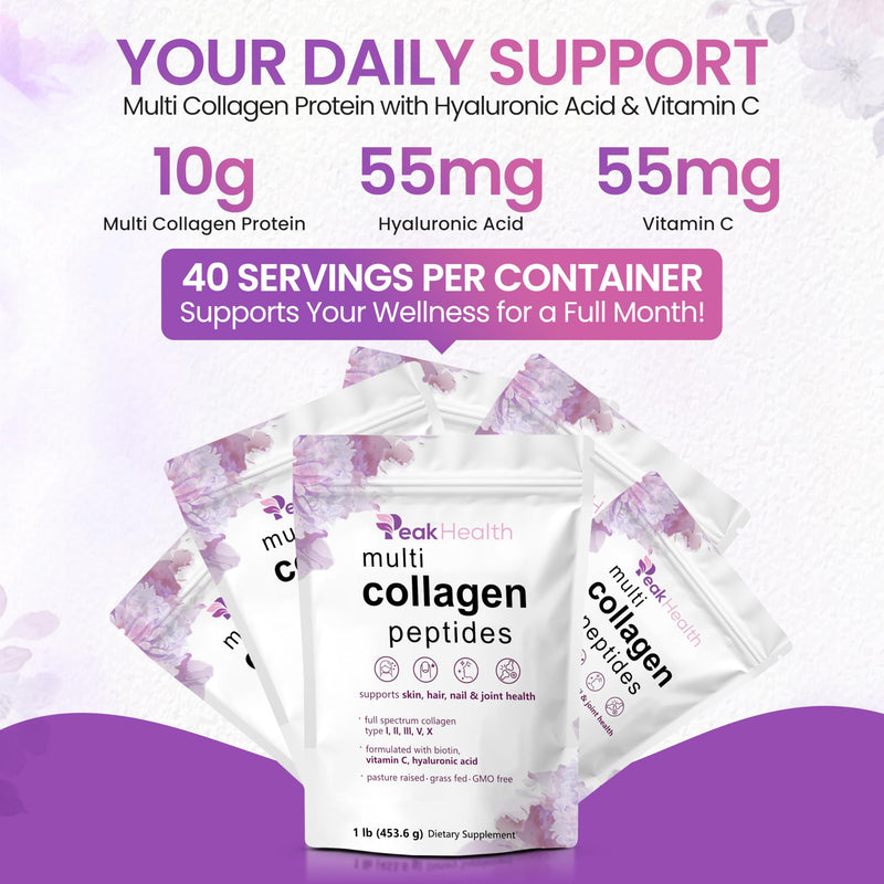 Peakhealth Multi Collagen Peptides Powder 1lb, Biotin, Hyaluronic Acid, Unflavored 1 Pound (Pack of 1)