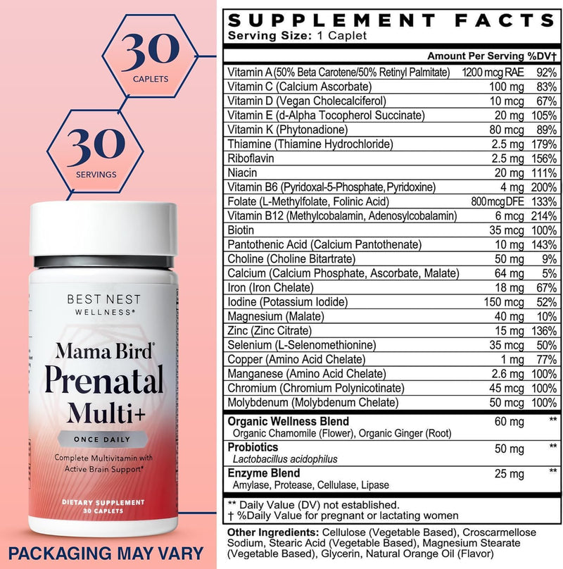 [Australia] - Best Nest Wellness Mama Bird Prenatal Vitamin: Vegan Prenatal Vitamins for Women w/Methylfolate (Folic Acid) w/Organic Herbal Blend, Prenatal Vitamins for Women B12, Choline, Once Daily, 30 Count Once Daily Prenatal 30 Count 