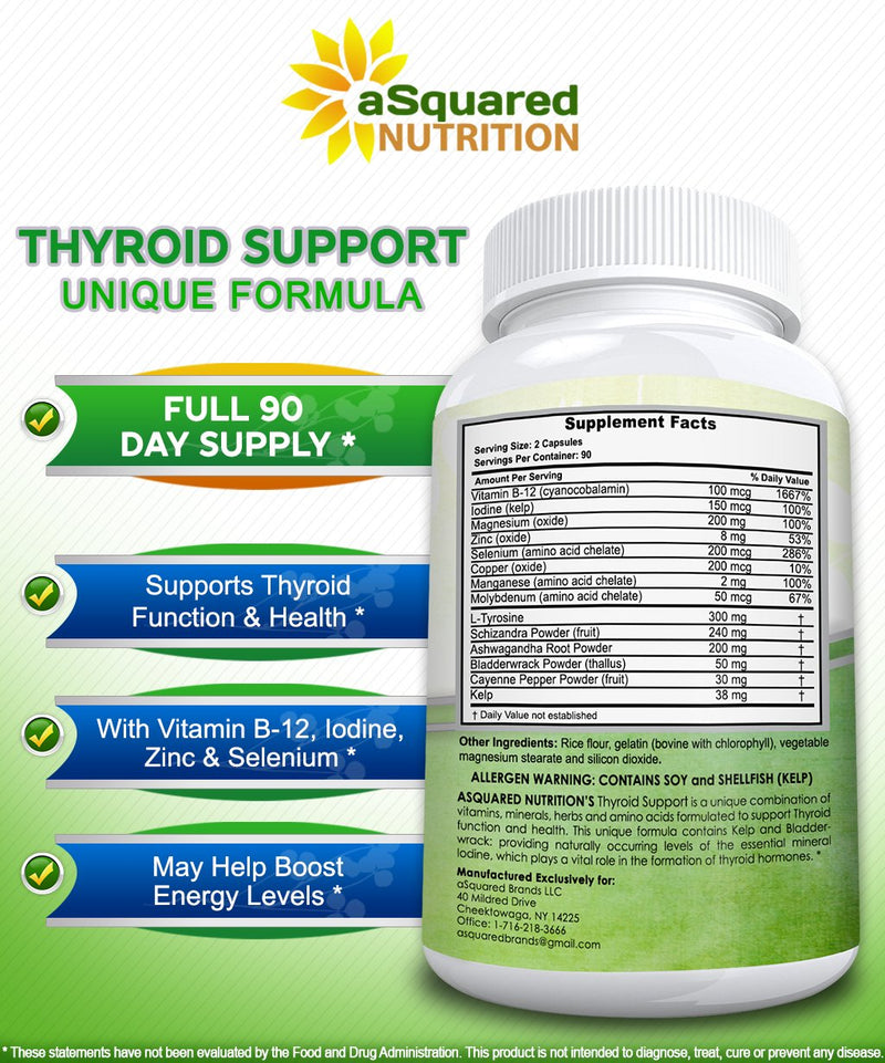 aSquared Nutrition Premium Thyroid Support Supplement with Iodine (180 Capsules) - Best Herbal & Vitamin Complex Pills w/ B12, Ashwagandha, Bladderwrack & Kelp - Helper for Healthy Hormone & Energy