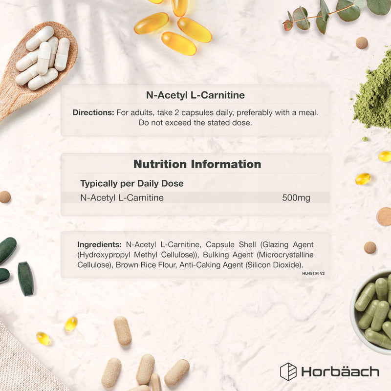 Acetyl L-Carnitine 500mg | 90 Vegan Capsules | High Strength ALCAR Supplement | Amino Acid | By Horbaach