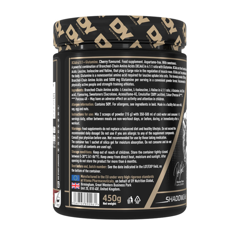 DY Nutrition HIT BCAA 4:1:1 + Glutamine, 450g, 30 Servings (Cherry Flavour) Branch Chain Amino Acid Powder Drink for Optimal Pump & Performance | Pre & Intra Workout Supplement Cherry