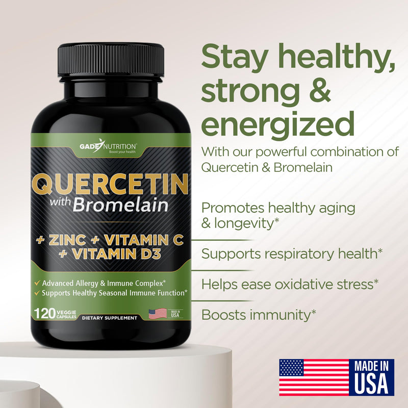 [Australia] - Quercetin with Vitamin C and Zinc - Quercetin 500mg - Quercetin with Bromelain - Zinc Quercetin - 120 Veggie Caps. Quercetin Supplements + Vitamin D3 (Non-GMO, Gluten-Free, Vegan) 2 Month Supply 120 Count (Pack of 1) 