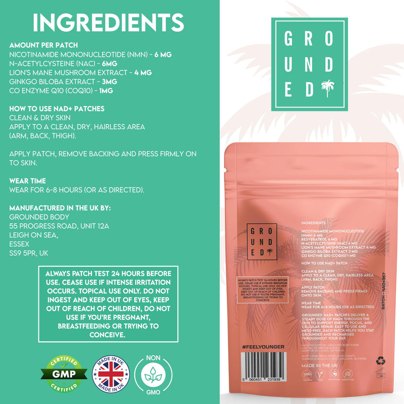 Grounded NAD+ Patches – NMN, NAC, Lion’s Mane, Ginkgo & CoQ10 – Vegan, Caffeine Free, 30 Day Supply