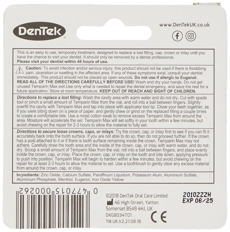 [Australia] - DenTek Temparin Max Dental Repair Kit for Lost Fillings, Caps and Crowns, 2.64g 