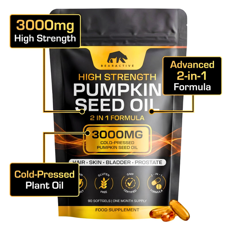 Pumpkin Seed Oil Capsules 2-in-1 Formula – 3000mg High Strength Cold Pressed Pumpkin Seed Oil – Omega 3 6 9 Capsules Supplement – Prostate & Bladder Support – 90 Softgels