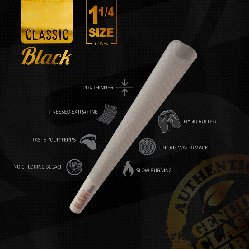 [Australia] - RAW Cones Classic Black 1-1/4 Size | 100 Pack | Natural Pre Rolled Rolling Paper Pressed Extra Fine for Thin, Slow Burning, Naturally Translucent Paper with Tips & Packing Tubes Included 