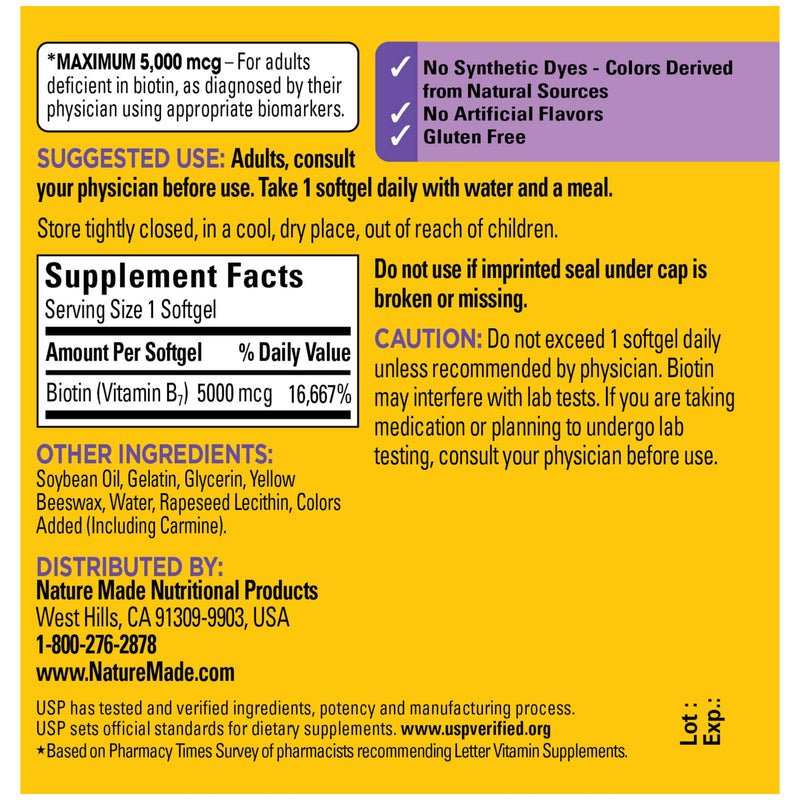 [Australia] - Nature Made Maximum Strength Biotin 5000 mcg, Dietary Supplement may help support Healthy Hair, Skin & Nails, 120 Softgels 120 Count (Pack of 1) 