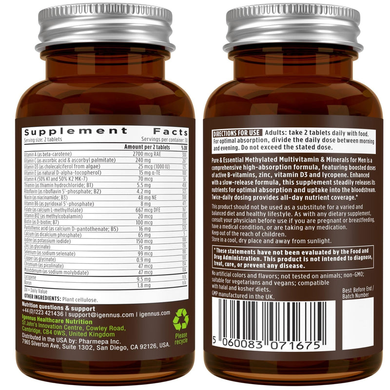 [Australia] - Igennus Methylated Men's Multivitamin with 22 Actives, All-Day Nutrient Delivery, Pure & Clean, Methylfolate & Methylcobalamin, High Strength MTHFR Supplement, Non-GMO & Halal, 60 Tablets 60 Count (Pack of 1) For Men 