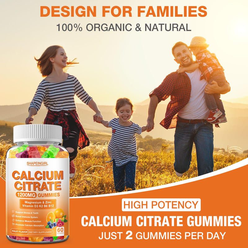 1200mg Calcium Citrate with Vitamin D3, K2, B6 & B12, Calcium Supplements for Women & Men, Plus Magnesium Zinc for Bones, Muscle & Immune Support, High Absorption Fruit Flavor 120 Calcium Gummies 60 Count (Pack of 2)