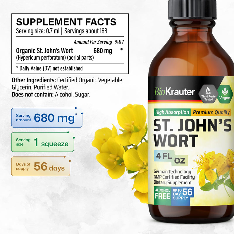 [Australia] - St Johns Wort Tincture - Organic Hypericum Perforatum Liquid Extract for Mood Support - High Absorption - St Johns Wort Alcohol Free Vegan Drops 4 Fl.Oz. 4 Fl Oz (Pack of 1) 