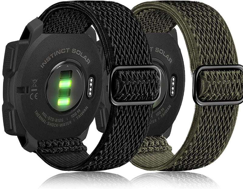 [Australia] - Olytop Elastic Watch Bands for Garmin Instinct/2 Solar, 22mm Soft Stretchy Nylon Ultra-Light Wristband Replacement Strap Men Women for Garmin Instinct Tactical/Esports/Solar/Tide Smartwatch Wave Black+Green 