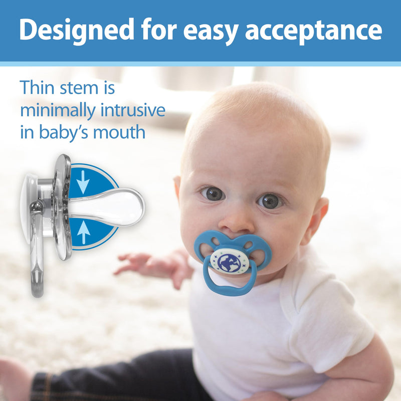 [Australia] - Dr. Brown's Advantage Glow-in-the-Dark Baby Pacifier, Fully Symmetrical Soother with Soft Silicone Bulb, 6-18m, BPA Free, Skateboard Snail and Blue Nature, 4 Pack (Style May Vary) Blue Glow-in-the-Dark 