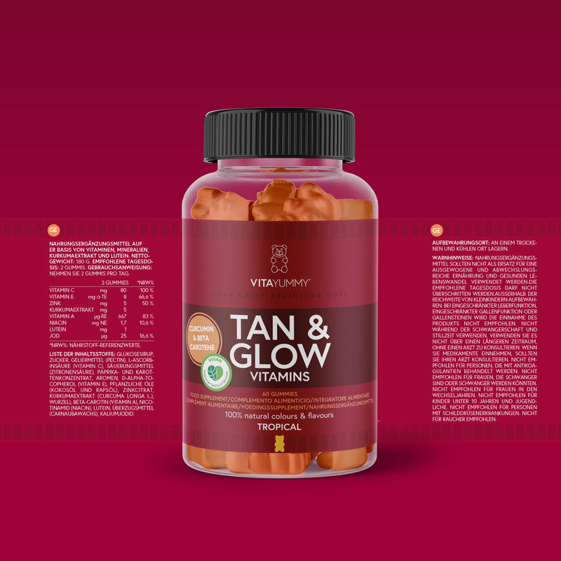 [Australia] - VitaYummy Tan & Glow Vitamin - dietary supplement tan gummy bears with vitamin A, vitamin C and beta-carotene - vegan & without gelatin - 60 vitamin gummy bears with tropical flavor 
