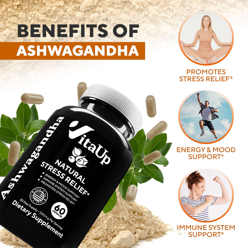 [Australia] - Organic Ashwagandha Capsules 1310mg - USA Made Organic Ashwagandha Supplements with Black Pepper - Energy & Immune Support - Natural Stress Relief Supplement - Ashwagandha Organic - 60 Count 1 