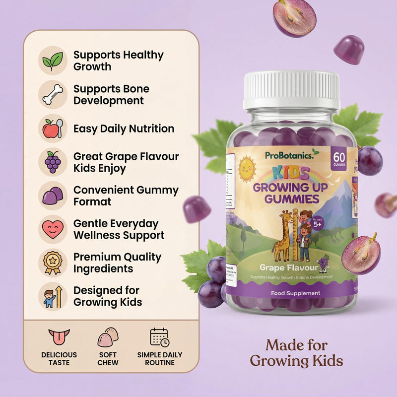 Kids Growth Gummies – Calcium, Vitamin D3 & K2 for Normal Bone Growth & Development in Children | 60 Vegan Grape Chews with Zinc, Astragalus & Collagen | Growing-Up Multivitamin, Ages 5+