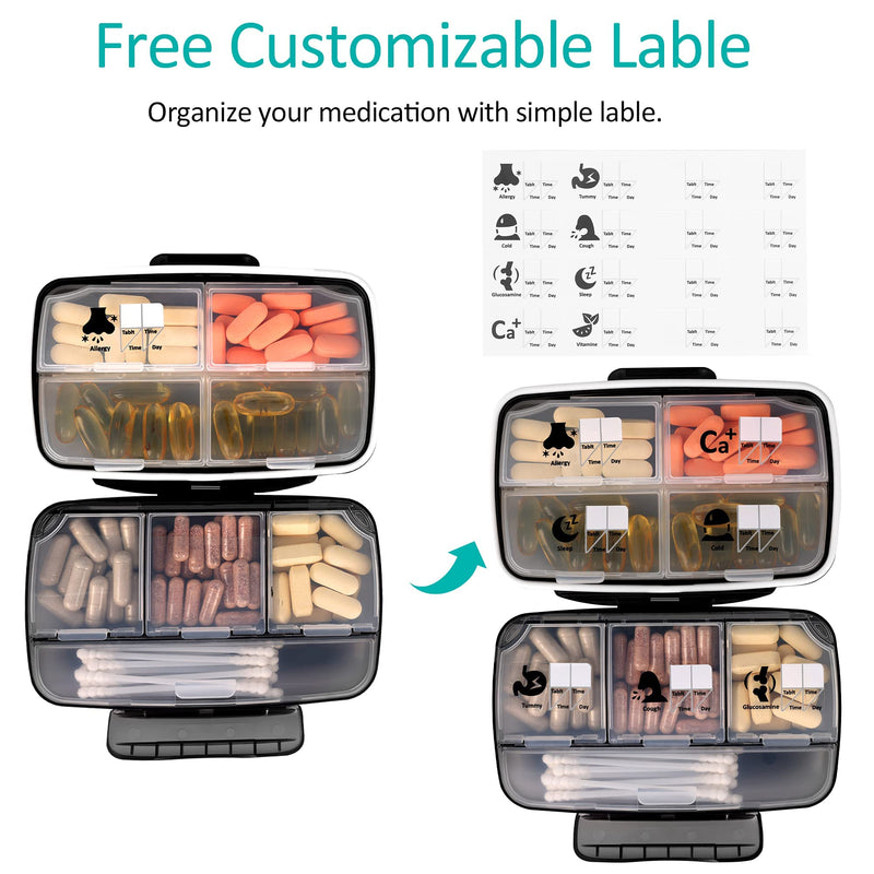 [Australia] - Travel Pill Organizer Large Portable Medication Fullicon Oversize 8 Compartment Pill Box, Vitamin Travel Case Pill Holder - Airtight & Moistureproof (Black) Black Large (8 Compartments) 
