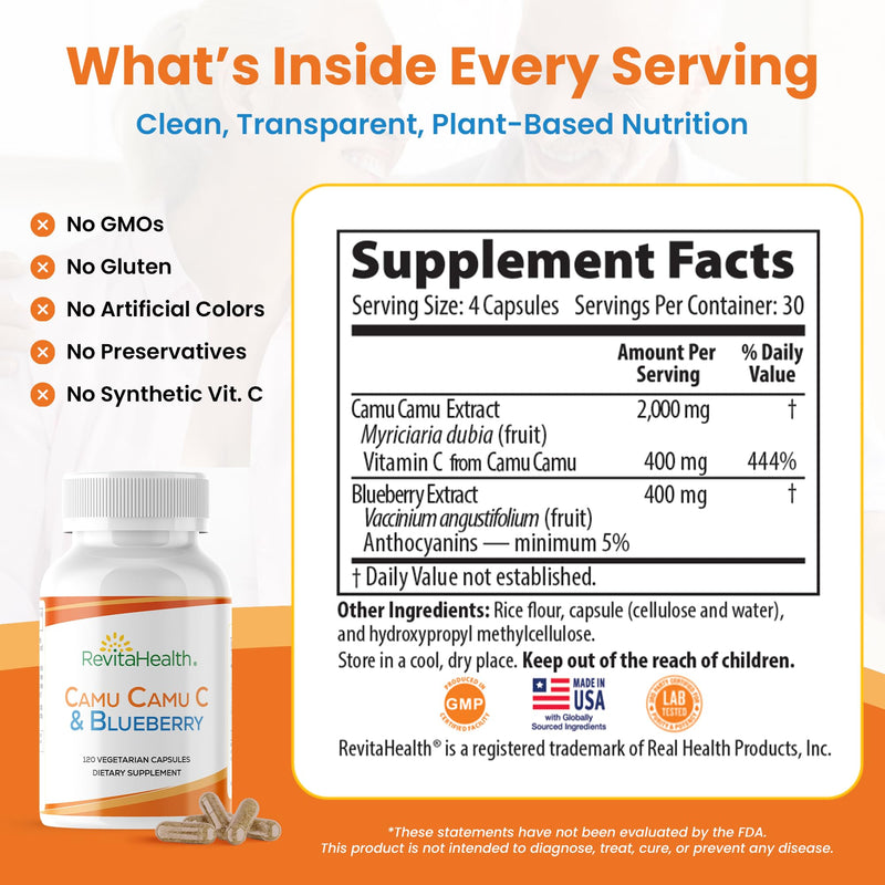 Camu Camu Vitamin C Supplements with Blueberry Extract - Whole Food VIT C & Bioflavonoids for Immune Support, Everyday Wellness & Skin Health - 120 Vegetarian Capsules