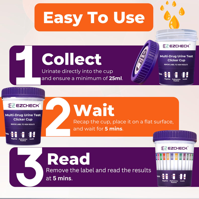 [5 Test Cups] 14-Panel EZCHECK® Multi-Drug Urine Test Cup – at-Home Instant Testing for 14 Substances - Fast Result in 5 mins