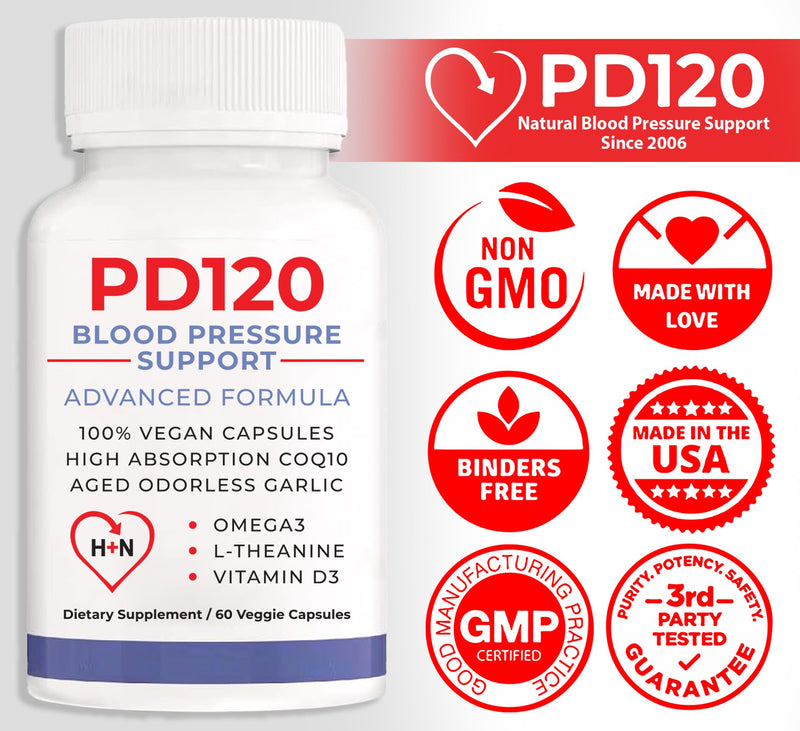 PD120 Blood Pressure Support Supplement | Heart Health | High Absorption CoQ10 Beet Root Garlic Extract Hawthorn Berry Omega-3 D3 Nitric Oxide | 2 Month Supply | 120 Veggie Caps