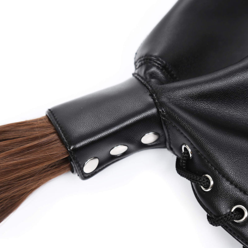 [Australia] - PU Leather Bondage Mask Hood SM Sex Toy with Removable Wig, Unisex Adult Eyes Mouth Open Black Restraint Headgear Mask Hood Breathable Blindfold Face Cover Blindfold Cosplay 