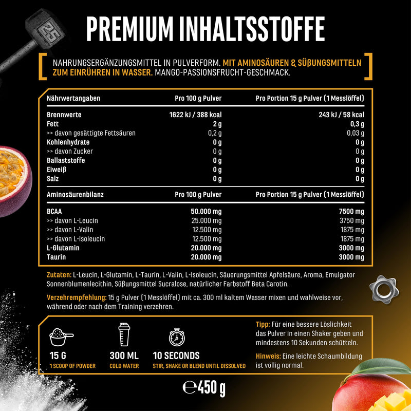 [Australia] - BCAA Performance - 450 g powder - Instant BCAAs + L-Glutamine + Taurine - Delicious & super solubility - Vegan amino acids - 2:1:1 ratio - (Mango passion fruit) 