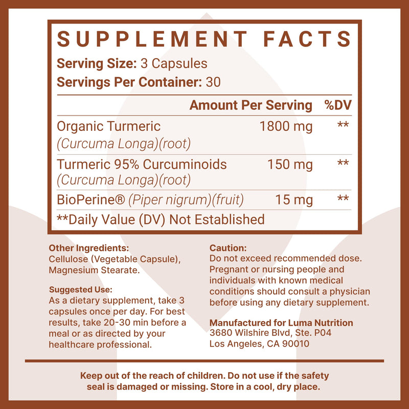 [Australia] - Luma Nutrition Turmeric Curcumin with Black Pepper - 95% Curcuminoids - 1950mg Per Serving - Premium Turmeric Supplement - with BioPerine for Max Absorption - Made in USA - 90 Capsules 