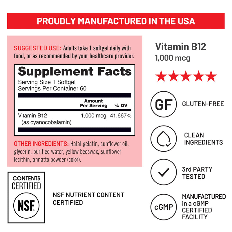 NatureWise Vitamin B12 1000 mcg - Dietary Supplement for Supporting Energy Metabolism, Mental Clarity, Nervous System Health - Easy-to-Swallow, Soy & Gluten-Free - 60 Softgels[60-Day Supply] Unflavored 60 Count (Pack of 1)