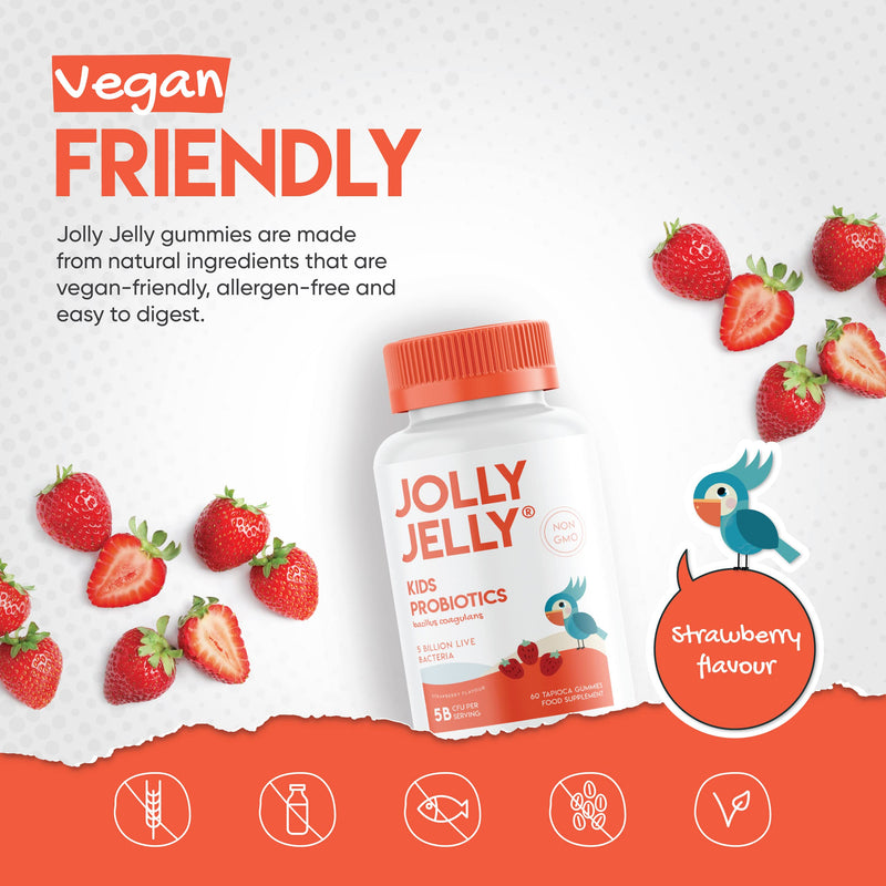 Kids Probiotics Gummies - 5B CFU Bacillus Coagulans Live Bacterial Cultures – 60 Vegan Gummies - Age 4+, Strawberry Flavour by Jolly Jelly