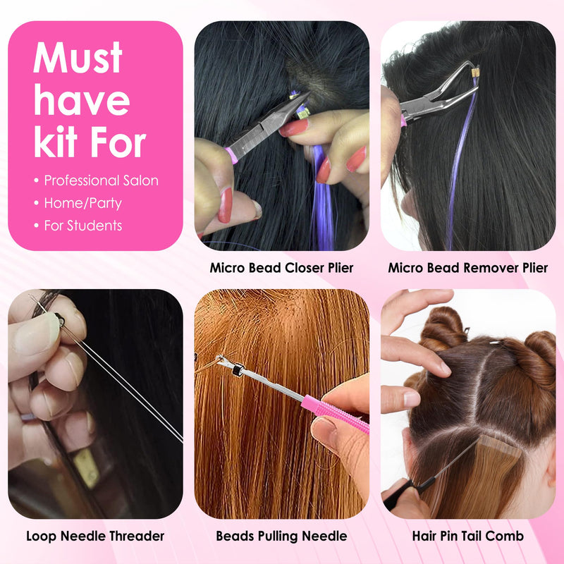 [Australia] - Beauty & Crafts Hair Extension Tools- Stainless Steel Pliers Set for Micro Beads- 1 Crochet Needle 1 Pulling Hook with Tail Comb- Micro Links Tool Kit with Leather Pouch- (Pink) Pink 
