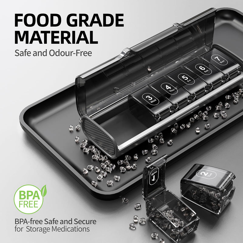 Weekly Pill Organizer,Portable 7 Day Pill Box,Moisture Proof Medicine Pill Organizer,Travel Pill Case with BPA-Free Material,Pocket-Size for Supplements & Vitamins (Black) Slate Black