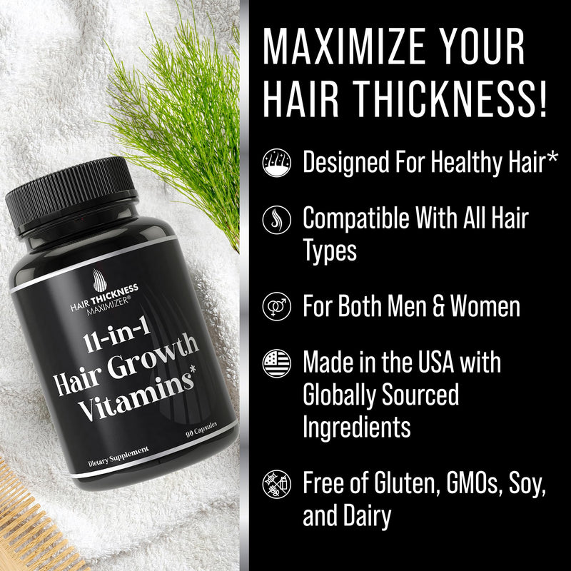 11-in-1 Hair Growth Supplements. Vitamins for Thicker Hair for Women & Men | Advanced Vitamin Complex, 5000mcg Biotin, Pumpkin Seed, Zinc. For Thinning & Brittle Hair. Supports Healthier-Looking Scalp